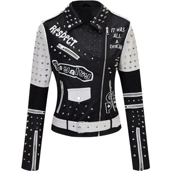 Women Faux Leather Jacket Studded Rivet Winter Streetwear Belted, Black-white